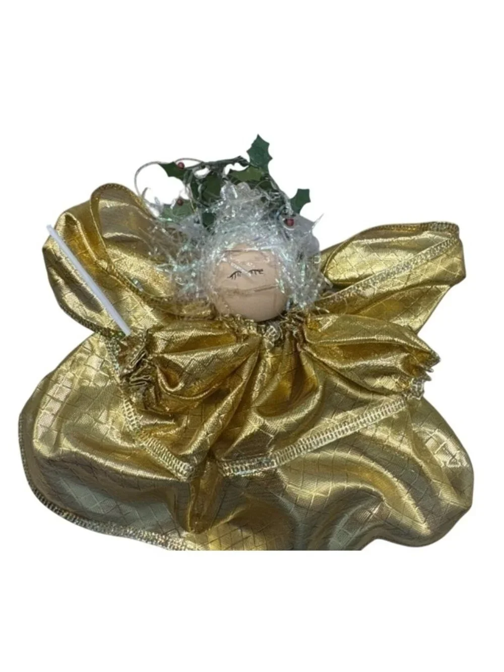 Handmade Golden Angel Christmas Tree Ornement With Glitter Accents & Holly READ